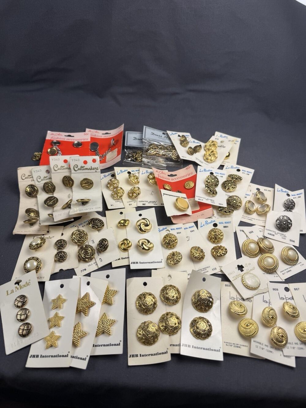 NOS Vintage Novelty Buttons on Cards Gold Silver Lot 40+ Crafts Sewing